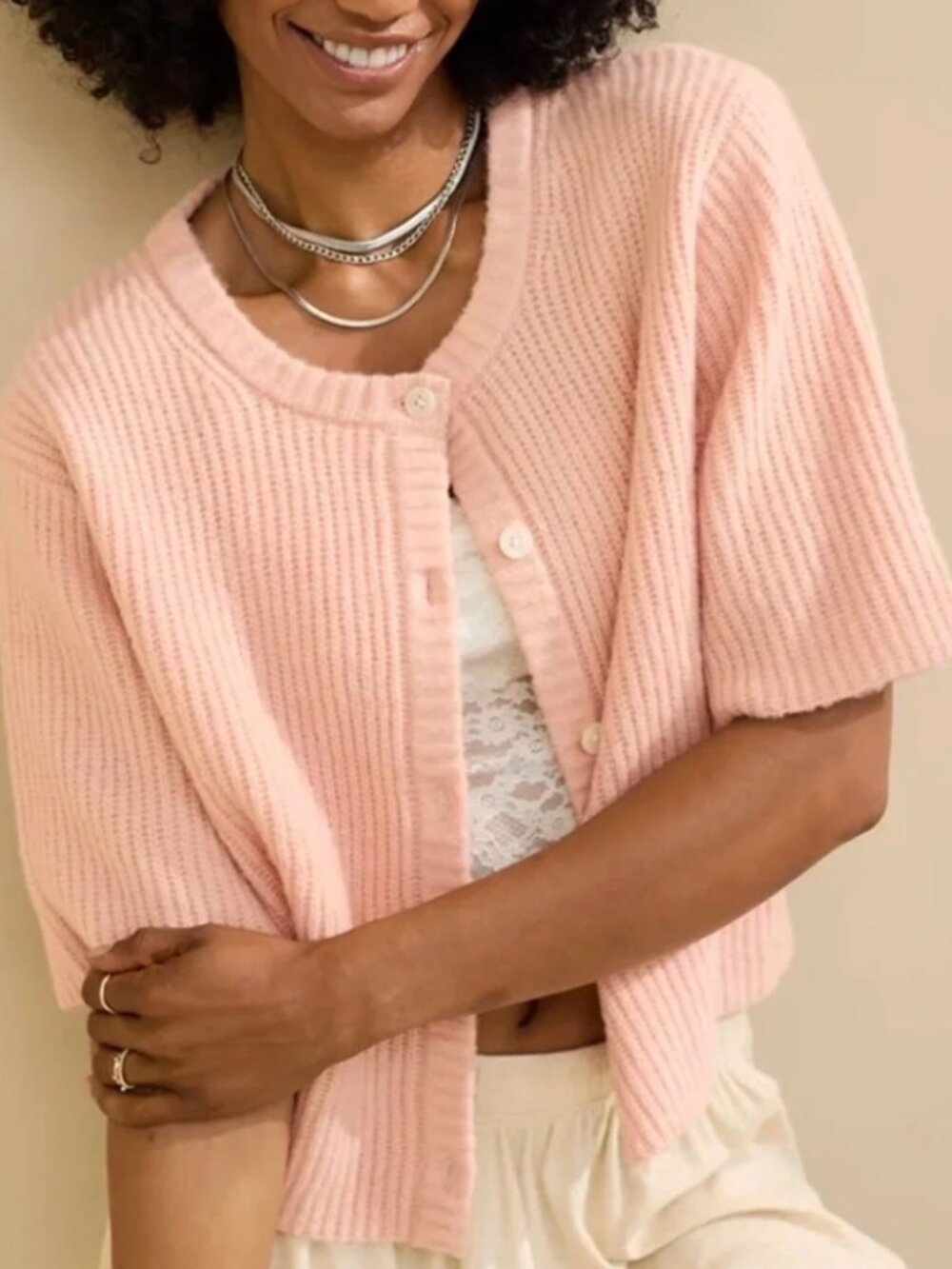 AERIE unREAL Ribbed Knit Short Sleeve Cardigan in Dusty Pink Small Quiet Luxury